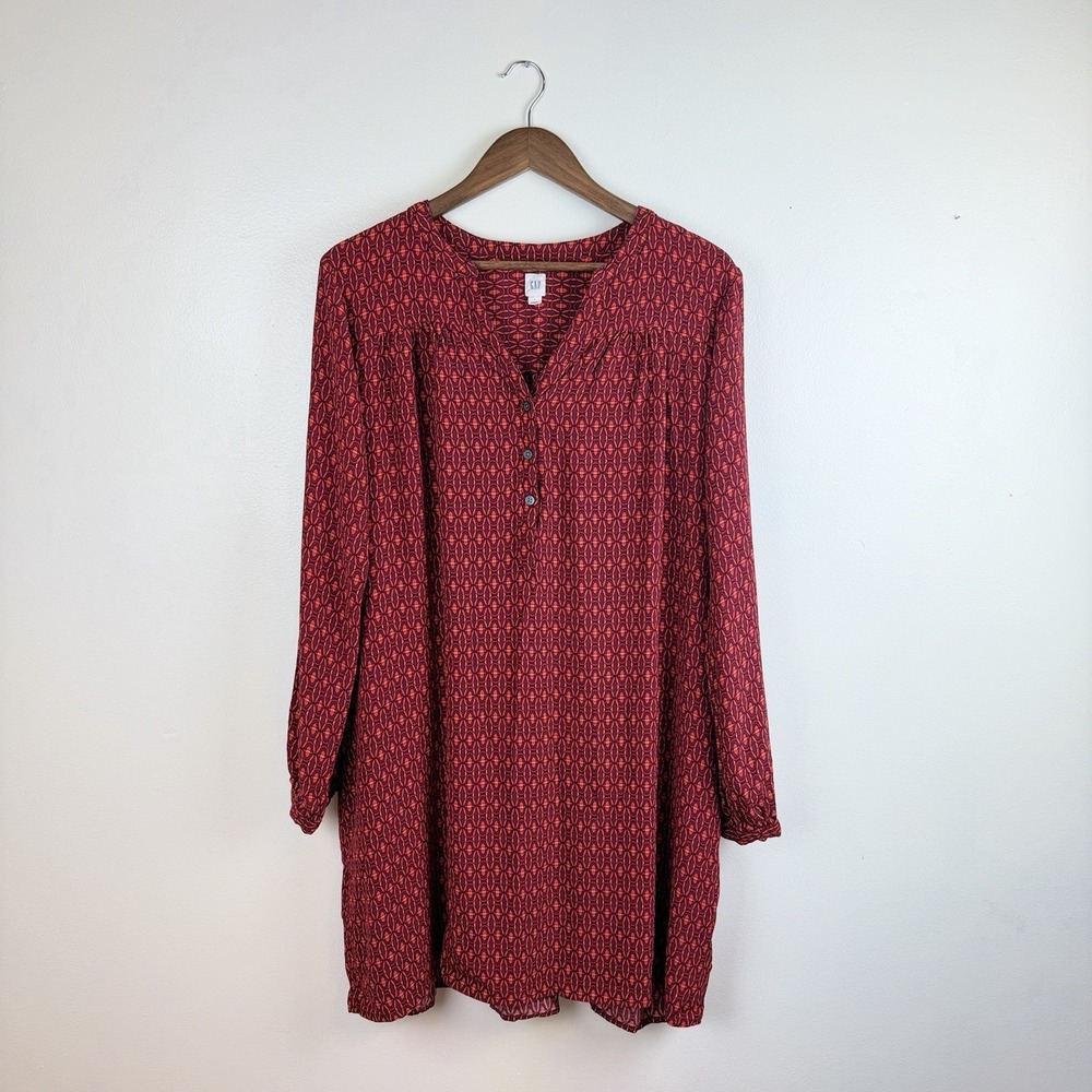 Gap Tunic Dress Womens Large Viscose Long Sleeve Geometric Medallion Red